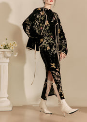 Chinese Style Black Jacquard Silk Velour Two Pieces Set Fall