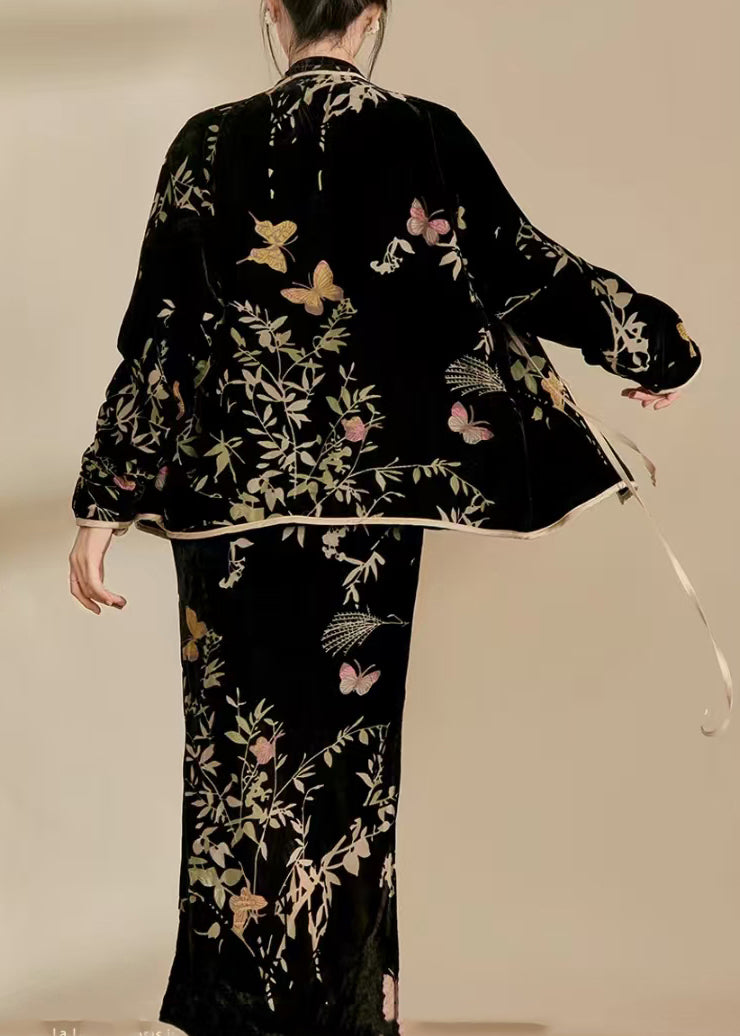 Chinese Style Black Jacquard Silk Velour Two Pieces Set Spring