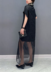 Chinese Style Black Jacquard Tulle Patchwork Silk Long Dress Summer