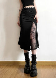 Chinese Style Black Lace Patchwor High Waist Skirt
