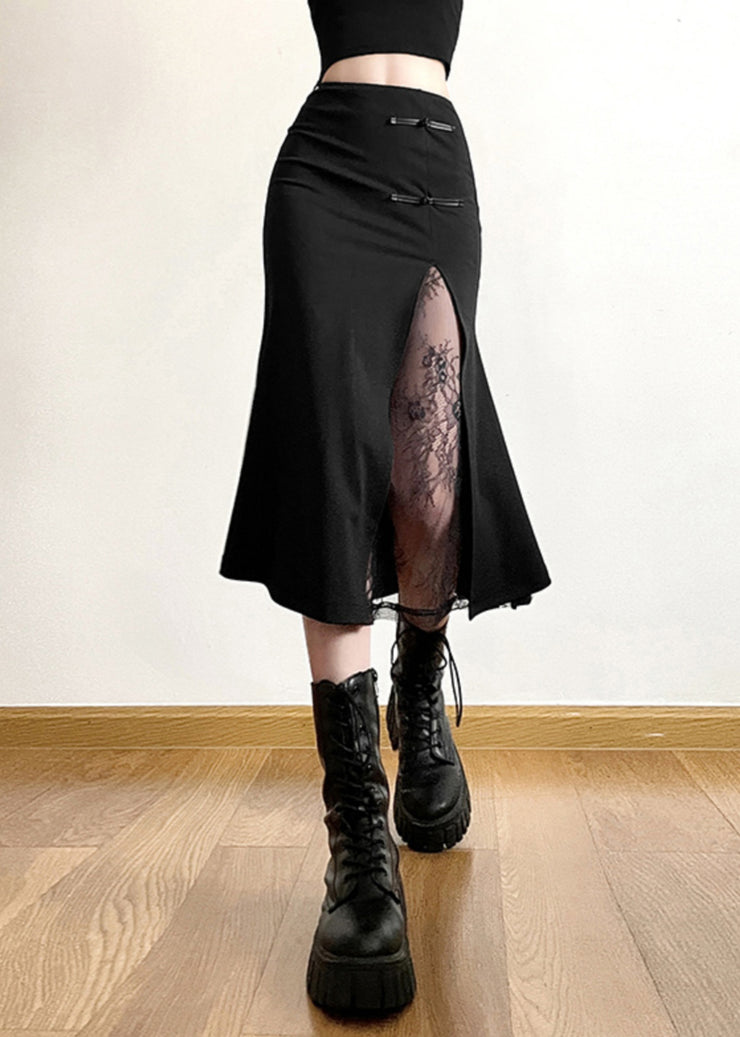 Chinese Style Black Lace Patchwor High Waist Skirt