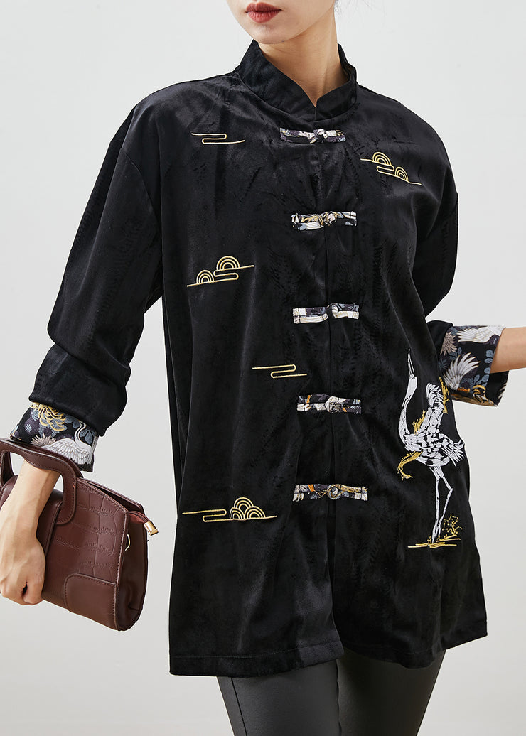 Chinese Style Black Mandarin Collar Embroidered Velour Shirts Spring