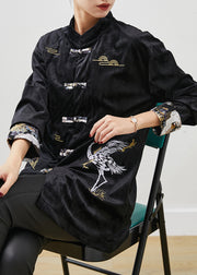 Chinese Style Black Mandarin Collar Embroidered Velour Shirts Spring