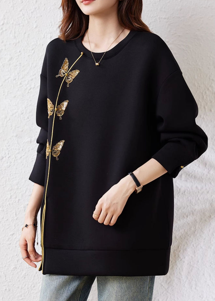 Chinese Style Black O Neck Butterfly Decorated Cotton Sweatshirts Spring