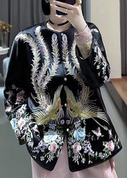 Chinese Style Black O Neck Embroideried Button Silk Coat Spring