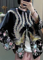 Chinese Style Black O Neck Embroideried Button Silk Coat Spring