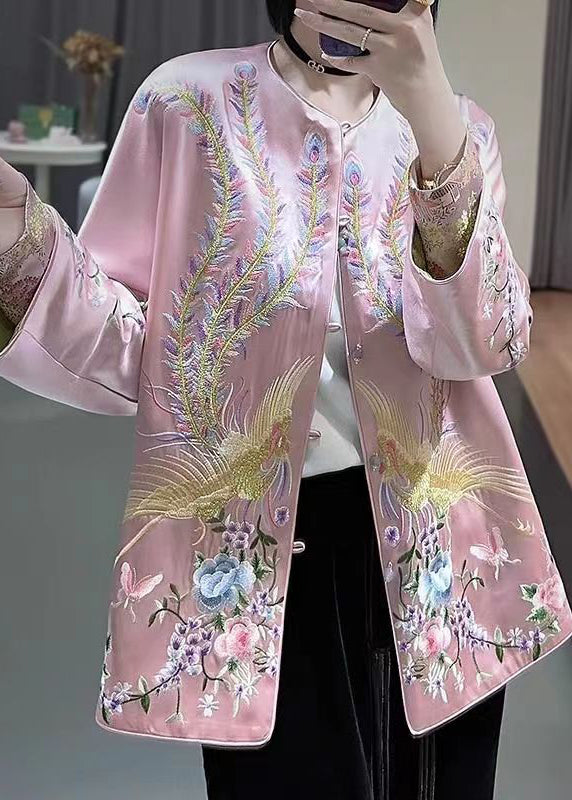 Chinese Style Black O Neck Embroideried Button Silk Coat Spring