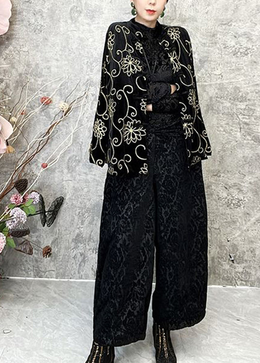 Chinese Style Black O Neck Floral Velour Short Coat Spring