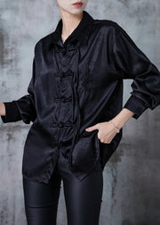 Chinese Style Black Oversized Jacquard Silk Shirt Tops Spring