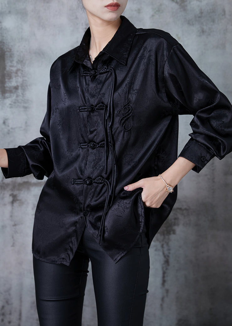 Chinese Style Black Oversized Jacquard Silk Shirt Tops Spring