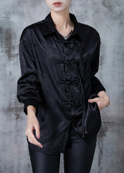 Chinese Style Black Oversized Jacquard Silk Shirt Tops Spring