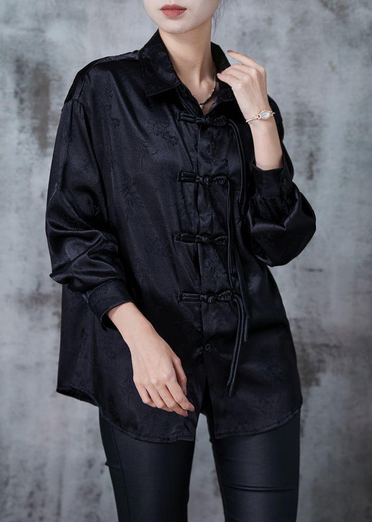 Chinese Style Black Oversized Jacquard Silk Shirt Tops Spring