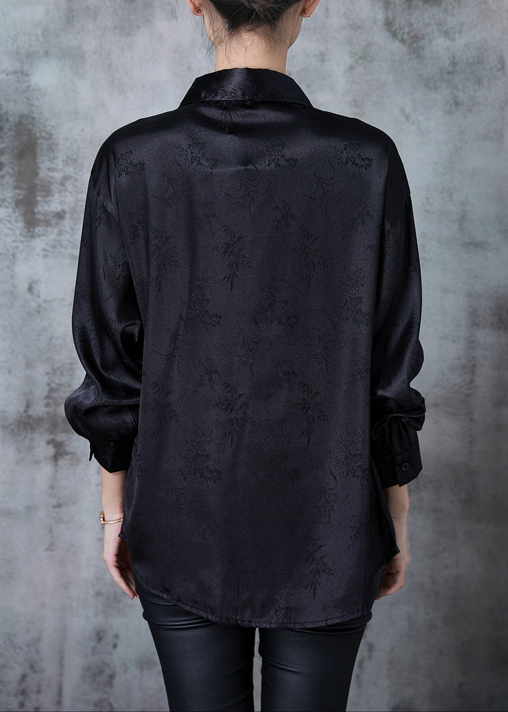 Chinese Style Black Oversized Jacquard Silk Shirt Tops Spring