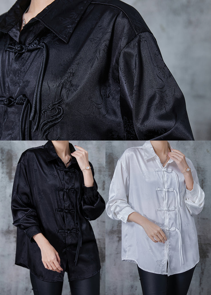 Chinese Style Black Oversized Jacquard Silk Shirt Tops Spring