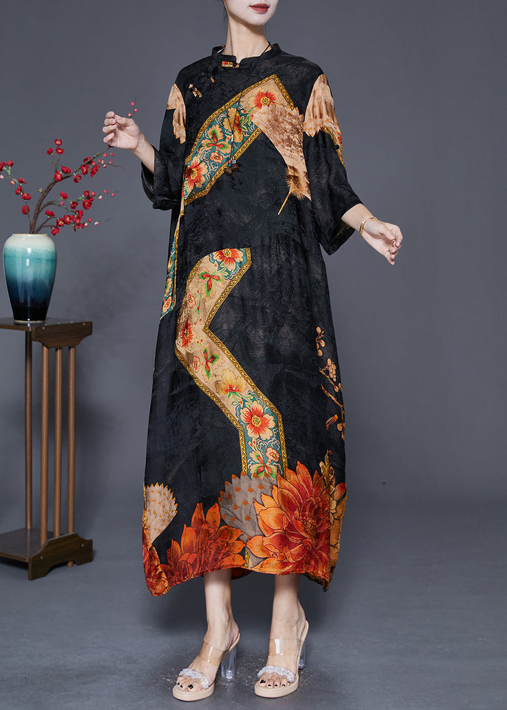 Chinese Style Black Oversized Print Silk Dress Fall