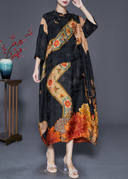 Chinese Style Black Oversized Print Silk Dress Fall