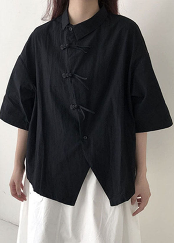 Chinese Style Black Peter Pan Collar Button Patchwork Cotton Shirt Tops Summer