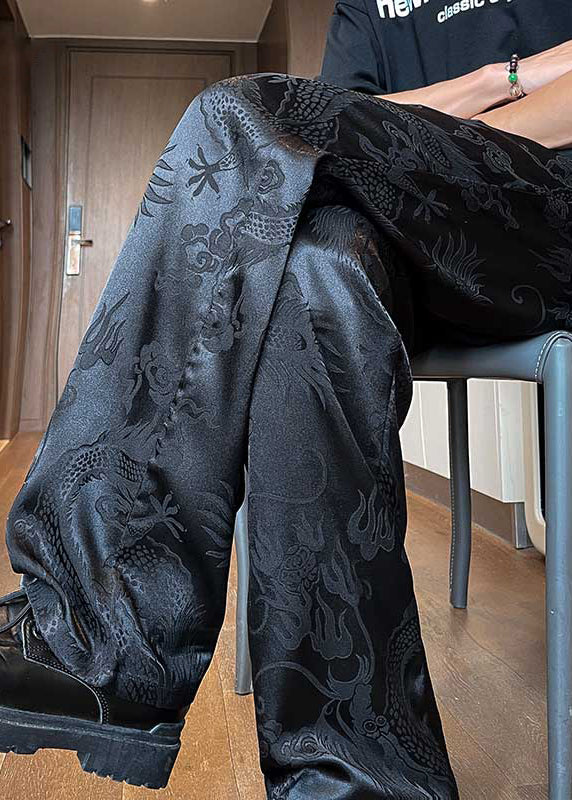 Chinese Style Black Pockets Jacquard Ice Silk Men Pants Summer