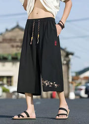 Chinese Style Black Pockets Print Elastic Waist Men Crop Pants Summer
