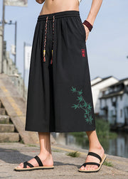 Chinese Style Black Pockets Print Elastic Waist Men Crop Pants Summer