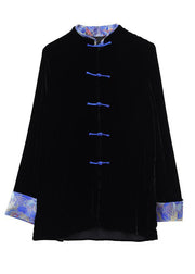 Chinese Style Black Print Button Silk Velour Coats Long Sleeve