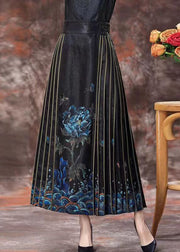 Chinese Style Black Print High Waist Silk Skirts Spring