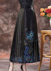 Chinese Style Black Print High Waist Silk Skirts Spring