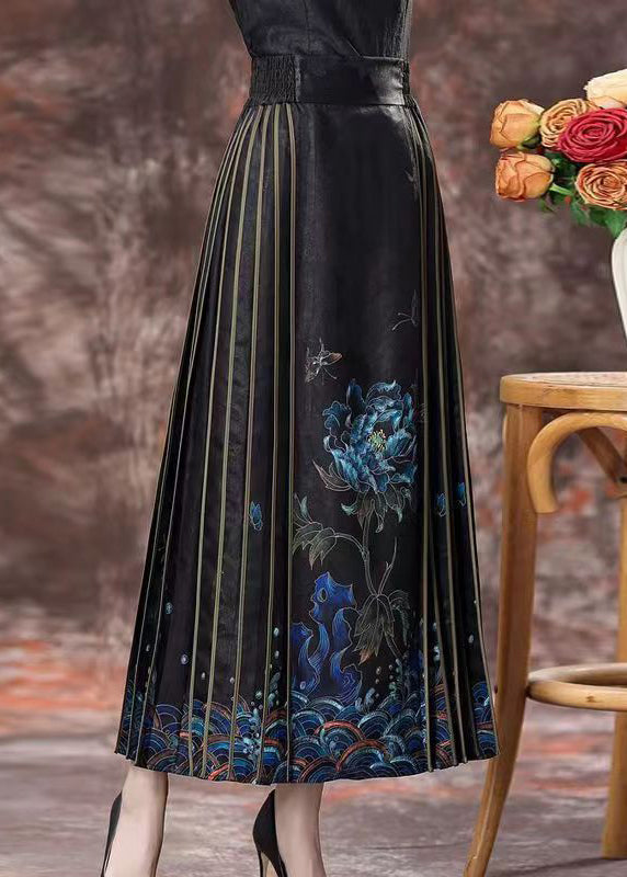 Chinese Style Black Print High Waist Silk Skirts Spring