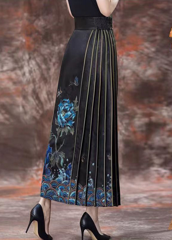 Chinese Style Black Print High Waist Silk Skirts Spring