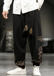 Chinese Style Black Print Lace Up Cotton Beam Pants Men Fall