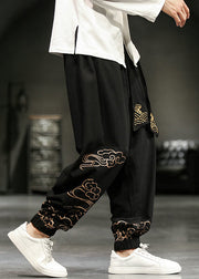 Chinese Style Black Print Lace Up Cotton Beam Pants Men Fall