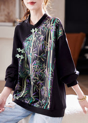 Chinese Style Black Print Patchwork Silk T Shirt Spring