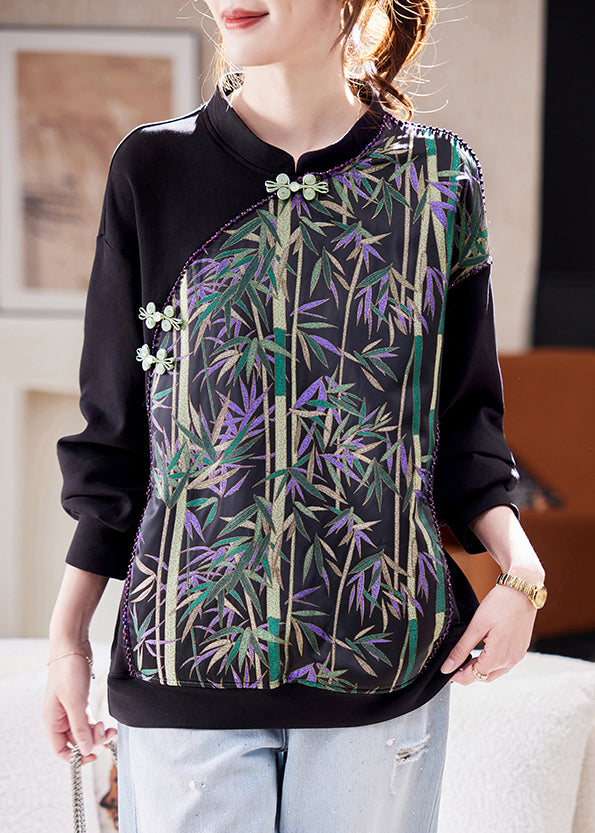 Chinese Style Black Print Patchwork Silk T Shirt Spring