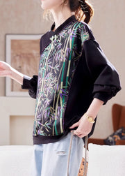 Chinese Style Black Print Patchwork Silk T Shirt Spring