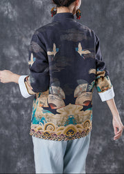 Chinese Style Black Print Pockets Cotton Shirts Spring