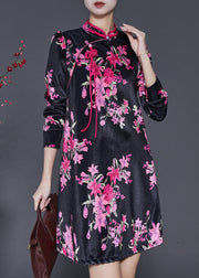 Chinese Style Black Print Silk Velvet Mini Dresses Spring