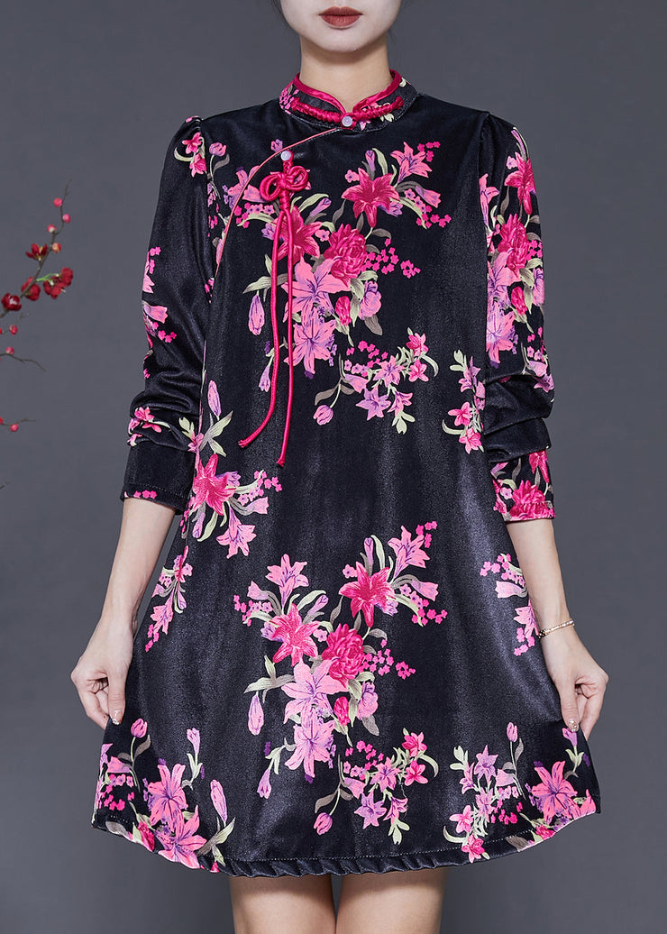 Chinese Style Black Print Silk Velvet Mini Dresses Spring