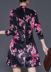 Chinese Style Black Print Silk Velvet Mini Dresses Spring
