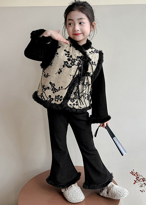 Chinese Style Black Print Warm Fleece Girls Waistcoat Top And Pants Two Pieces Set Winter