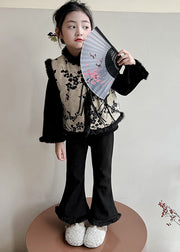 Chinese Style Black Print Warm Fleece Girls Waistcoat Top And Pants Two Pieces Set Winter