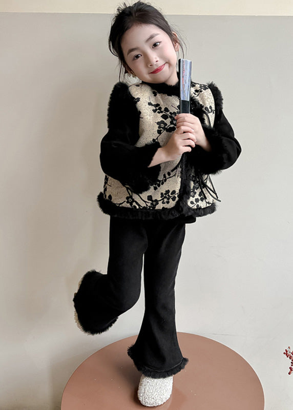 Chinese Style Black Print Warm Fleece Girls Waistcoat Top And Pants Two Pieces Set Winter