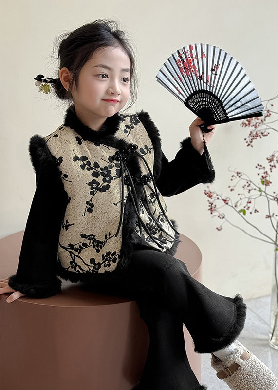 Chinese Style Black Print Warm Fleece Girls Waistcoat Top And Pants Two Pieces Set Winter