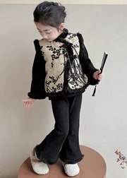 Chinese Style Black Print Warm Fleece Girls Waistcoat Top And Pants Two Pieces Set Winter