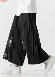 Chinese Style Black Ribbon Print Wrinkled Linen Wide Leg Pants Summer