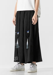 Chinese Style Black Ribbon Print Wrinkled Linen Wide Leg Pants Summer