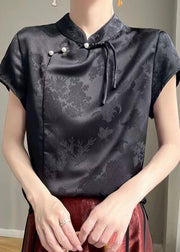 Chinese Style Black Solid Button Silk Top Short Sleeve