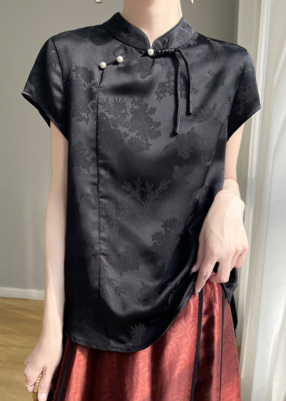 Chinese Style Black Solid Button Silk Top Short Sleeve