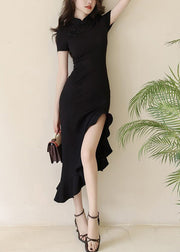 Chinese Style Black Stand Collar Asymmetrical Long Dress Short Sleeve