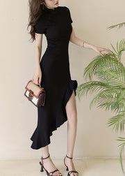 Chinese Style Black Stand Collar Asymmetrical Long Dress Short Sleeve