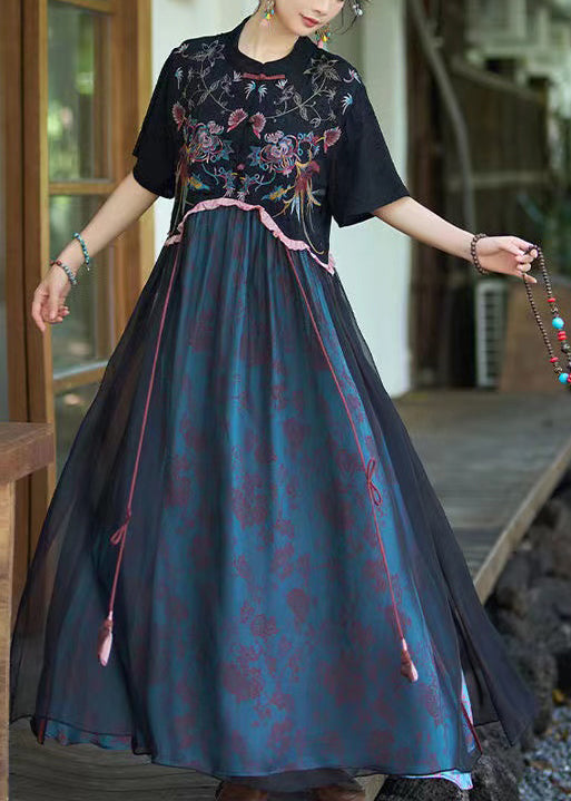 Chinese Style Black Stand Collar Embroidered Patchwork Linen Silk Dress Summer